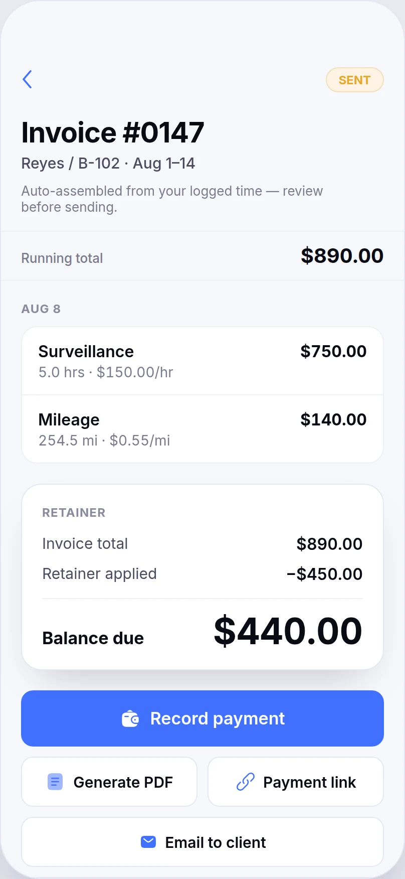 Corton invoice — surveillance hours and mileage itemized, retainer applied, balance due