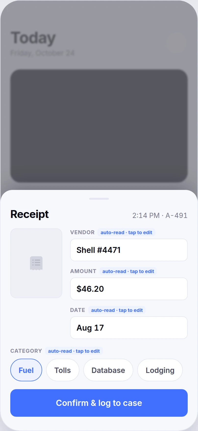 Corton receipt confirmation — vendor, amount, date and category read automatically