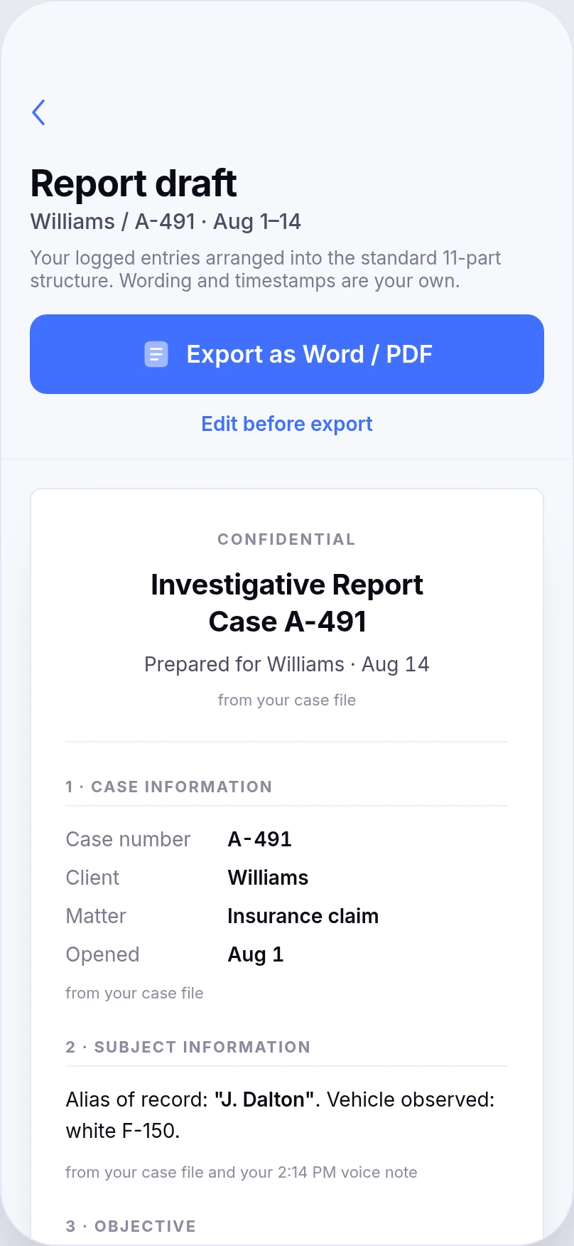 Corton report draft — the case timeline assembled into the standard report sections