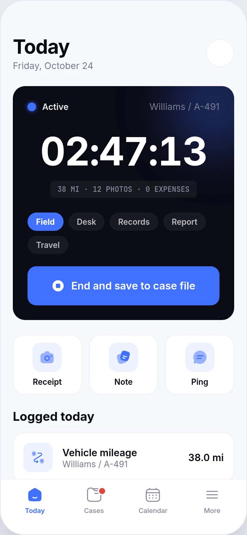 Corton timer screen — a case clock running at 02:47:13 with a requalifiable task chip