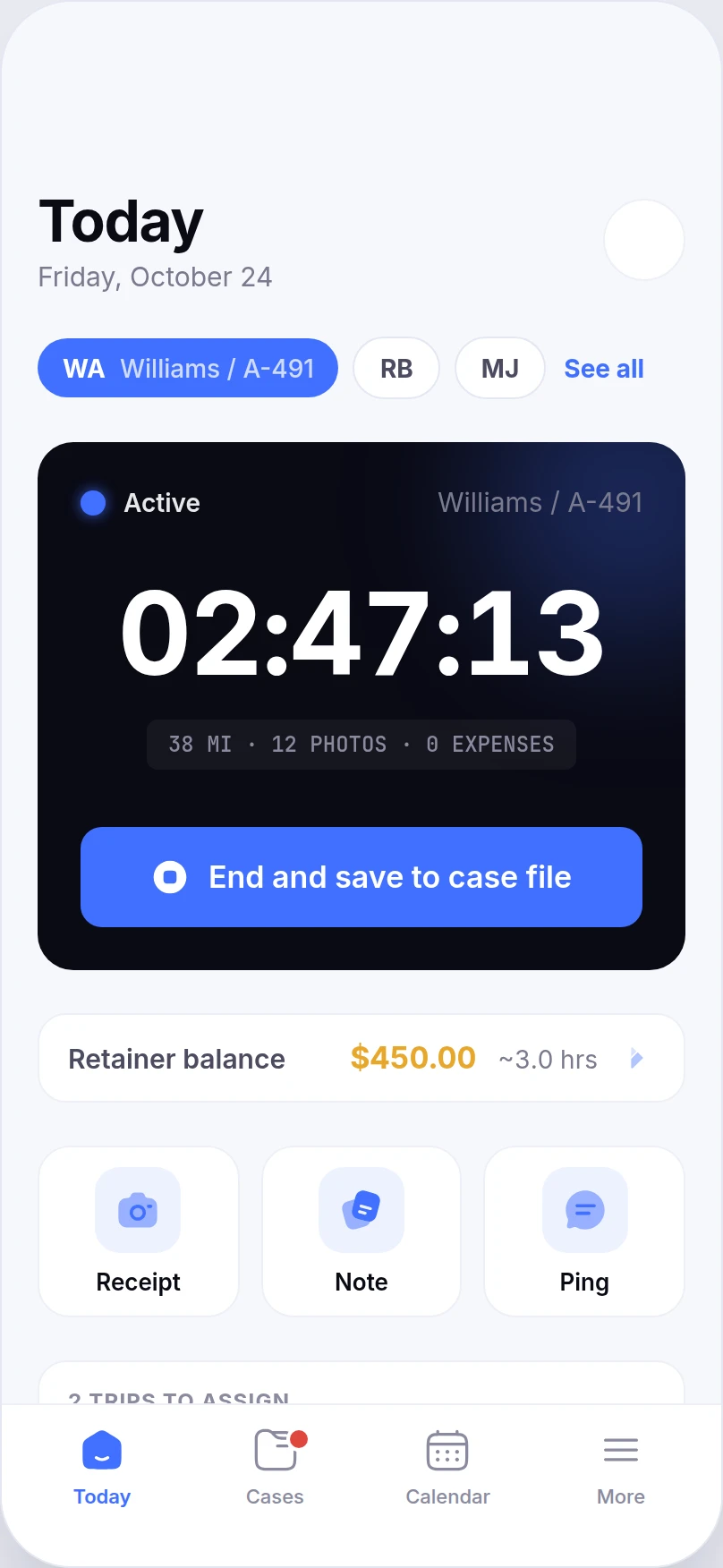 Corton Today screen — running case timer, retainer balance and the day's logged work